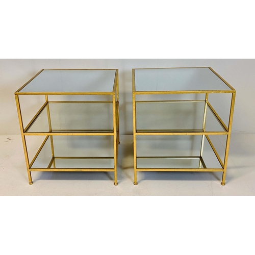 406 - SIDE TABLES, 56cm high, 51cm wide, a pair, three-tier square form, mirrored glass, gilt metal frames... 