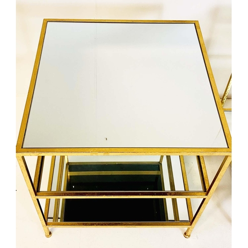 406 - SIDE TABLES, 56cm high, 51cm wide, a pair, three-tier square form, mirrored glass, gilt metal frames... 