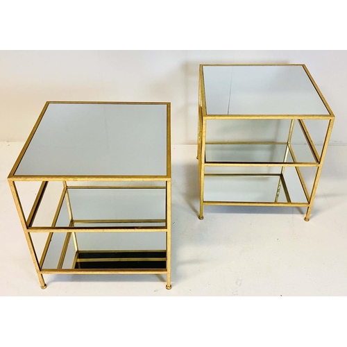 406 - SIDE TABLES, 56cm high, 51cm wide, a pair, three-tier square form, mirrored glass, gilt metal frames... 