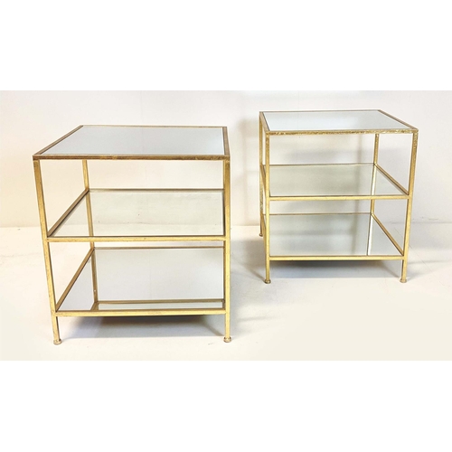 406 - SIDE TABLES, 56cm high, 51cm wide, a pair, three-tier square form, mirrored glass, gilt metal frames... 