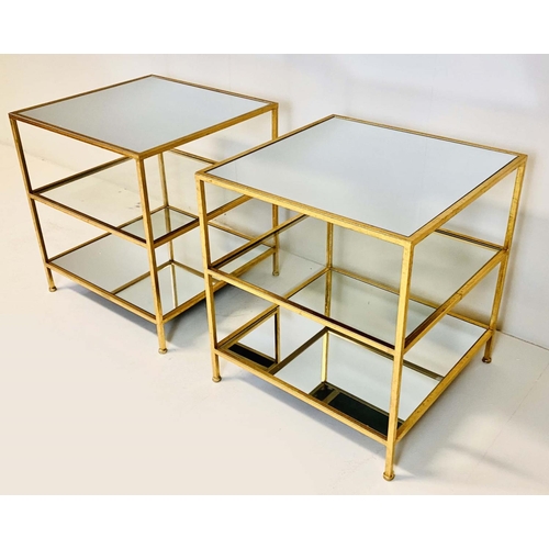 406 - SIDE TABLES, 56cm high, 51cm wide, a pair, three-tier square form, mirrored glass, gilt metal frames... 