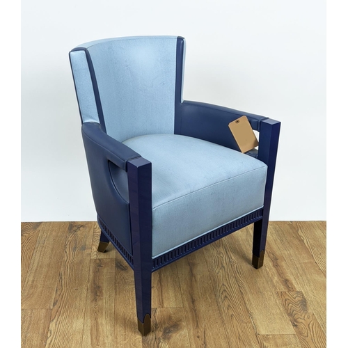 435 - DECCA ARMCHAIR, in two tone blue upholstery with blue lacquer supports, 61cm x 83cm H.