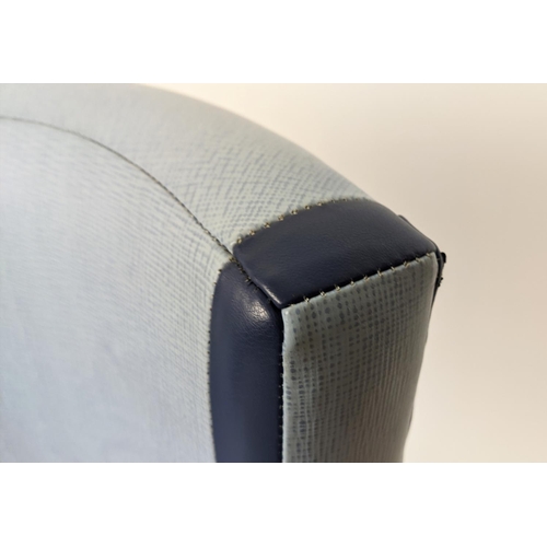 435 - DECCA ARMCHAIR, in two tone blue upholstery with blue lacquer supports, 61cm x 83cm H.