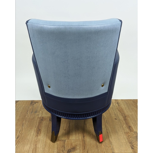 435 - DECCA ARMCHAIR, in two tone blue upholstery with blue lacquer supports, 61cm x 83cm H.