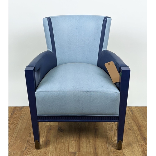 435 - DECCA ARMCHAIR, in two tone blue upholstery with blue lacquer supports, 61cm x 83cm H.