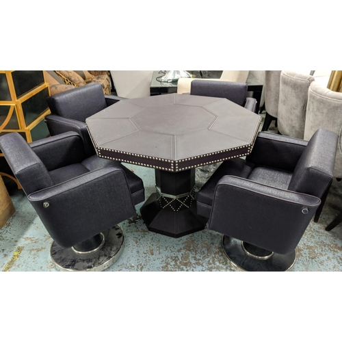 439 - CARD TABLE, 100cm x 78cm H, octagonal in dark aubergine leather with studded detail, with four chair... 