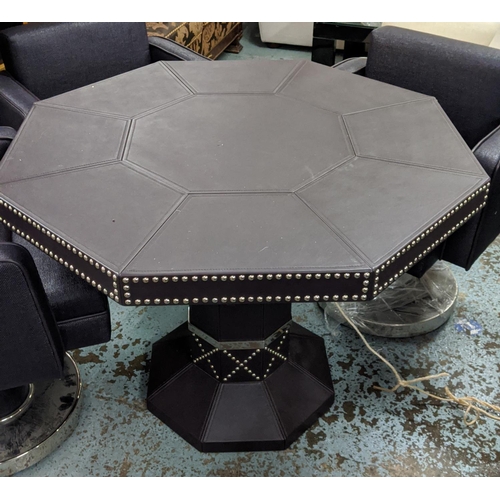 439 - CARD TABLE, 100cm x 78cm H, octagonal in dark aubergine leather with studded detail, with four chair... 