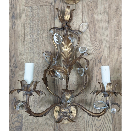 445 - WALL LIGHTS, a set of four, Rococo style, each of two-branch form, gilt metal with glass droplets, 4... 