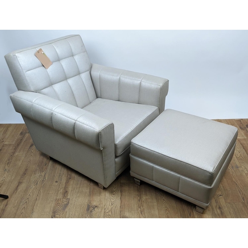 446 - ARMCHAIR, 86cm x 81cm H, in a silvery fabric with matching footstool. (2)