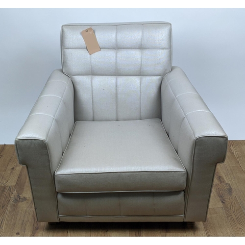 446 - ARMCHAIR, 86cm x 81cm H, in a silvery fabric with matching footstool. (2)