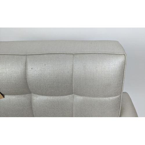 446 - ARMCHAIR, 86cm x 81cm H, in a silvery fabric with matching footstool. (2)