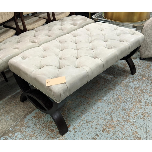 453 - FOOTSTOOL, grey buttoned soft leather top, 122cm x 82cm x 50cm H.