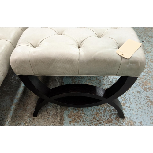 453 - FOOTSTOOL, grey buttoned soft leather top, 122cm x 82cm x 50cm H.