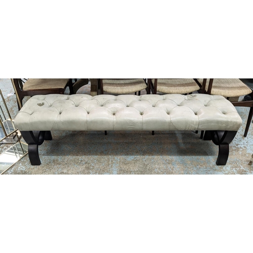 454 - FOOTSTOOL, long grey buttoned soft leather top, 162cm x 40cm x 50cm H.