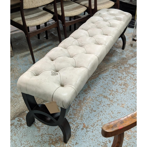 454 - FOOTSTOOL, long grey buttoned soft leather top, 162cm x 40cm x 50cm H.