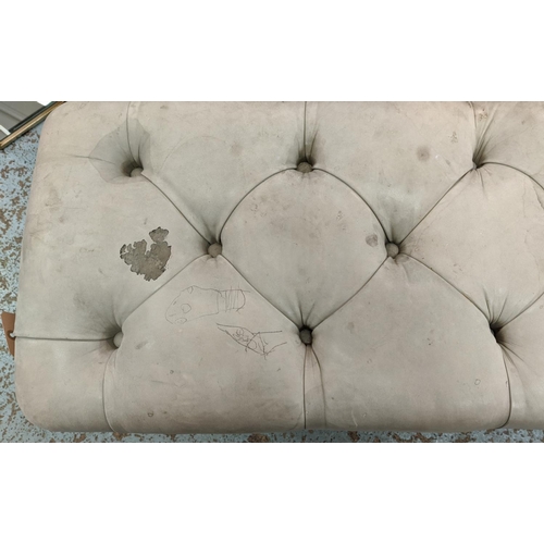 454 - FOOTSTOOL, long grey buttoned soft leather top, 162cm x 40cm x 50cm H.