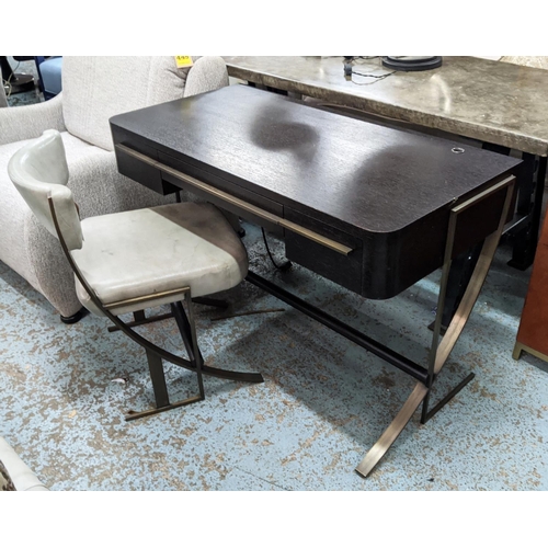 456 - WRITING TABLE, 123cm x 64cm x 75cm H, with curved metal supports along with a chair in leather. (2)