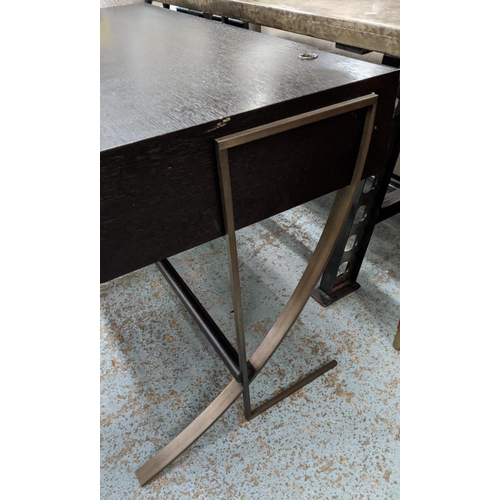 456 - WRITING TABLE, 123cm x 64cm x 75cm H, with curved metal supports along with a chair in leather. (2)