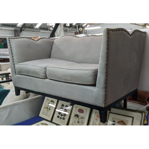 460 - SOFA, two seater, contemporary, grey upholstered, studded frame, with two loose back cushions, shape... 