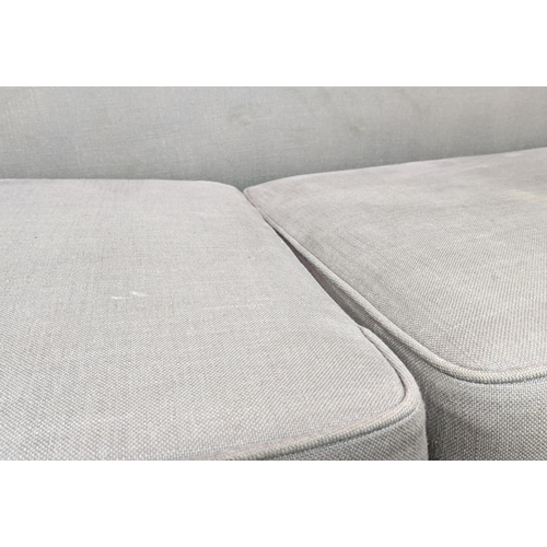 460 - SOFA, two seater, contemporary, grey upholstered, studded frame, with two loose back cushions, shape... 