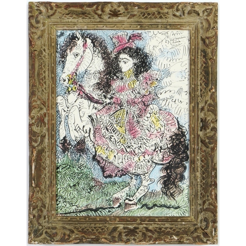 80 - PABLO PICASSO, Woman on horseback pink, off set lithograph, Toros suite, vintage French frame, 37.5c... 