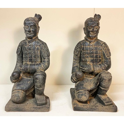 407 - TERRACOTTA WARRIOR STYLE STATUES, a pair, kneeling position, cast resin, 76cm high, 34cm wide. (2)