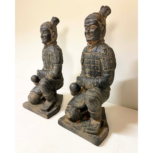 407 - TERRACOTTA WARRIOR STYLE STATUES, a pair, kneeling position, cast resin, 76cm high, 34cm wide. (2)