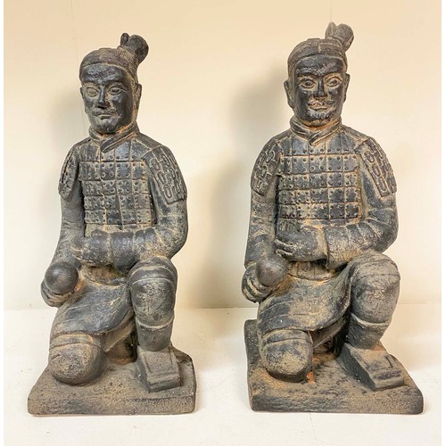 407 - TERRACOTTA WARRIOR STYLE STATUES, a pair, kneeling position, cast resin, 76cm high, 34cm wide. (2)