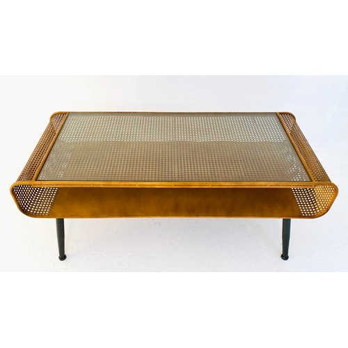 379 - LOW TABLE, 44cm high, 120cm wide, 50cm deep, 1960s Danish style design, faux rattan design, glass to... 