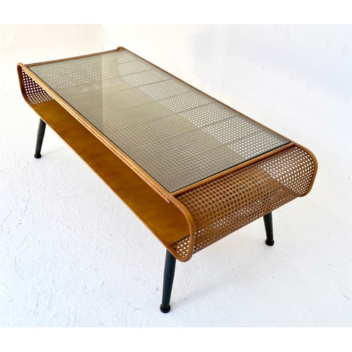 379 - LOW TABLE, 44cm high, 120cm wide, 50cm deep, 1960s Danish style design, faux rattan design, glass to... 