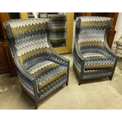 442 - WINGBACK ARMCHAIRS, a pair, bespoke made, chevron upholstery, with grey leather trim, 75cm x 67cm x ... 