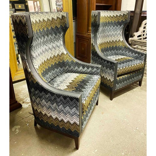 442 - WINGBACK ARMCHAIRS, a pair, bespoke made, chevron upholstery, with grey leather trim, 75cm x 67cm x ... 