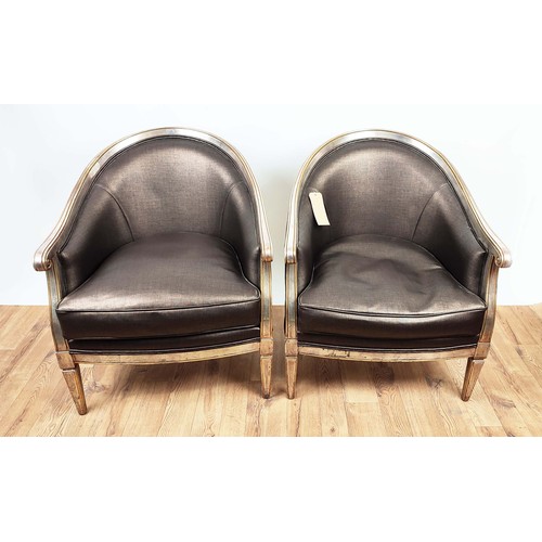 387 - ARMCHAIRS, a pair, Louis XV inspired, silvered frames, grey upholstery, 715cm W approx. (2)