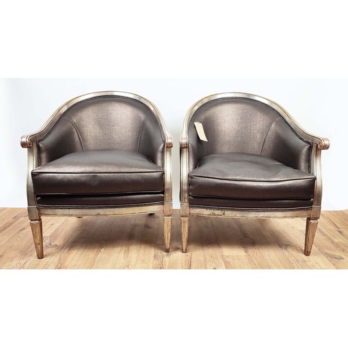 387 - ARMCHAIRS, a pair, Louis XV inspired, silvered frames, grey upholstery, 715cm W approx. (2)