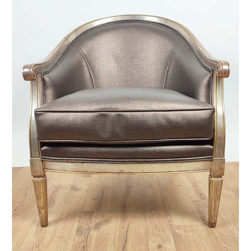 387 - ARMCHAIRS, a pair, Louis XV inspired, silvered frames, grey upholstery, 715cm W approx. (2)