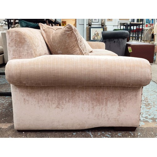 385 - SOFA , sand coloured fabric upholstery, gilt metal studded detail, 235cm W approx.