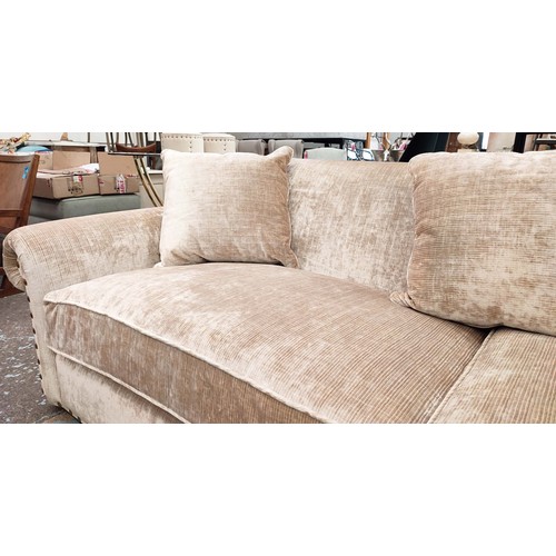 385 - SOFA , sand coloured fabric upholstery, gilt metal studded detail, 235cm W approx.