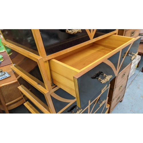 420 - TALL CHEST, 161cm H x 96cm W x 46cm D, Art Deco style, stepped sides and gilt handles.