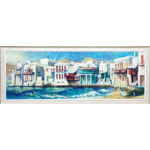 37 - WILLIAM GENGE, 'Mykonos, Mikri Venetia', oil on board, 41cm x 120cm, signed label verso, framed.