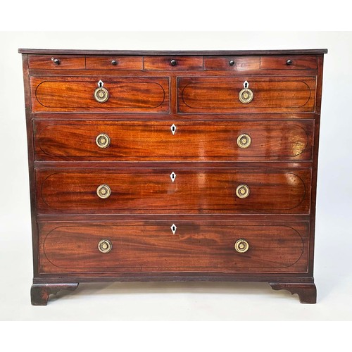 SCOTTISH HALL CHEST, early 19th century figured mahogany of adapted shallow proportions with real and false drawers above two short and three long drawers, 117cm W x 102cm H x 36cm D.