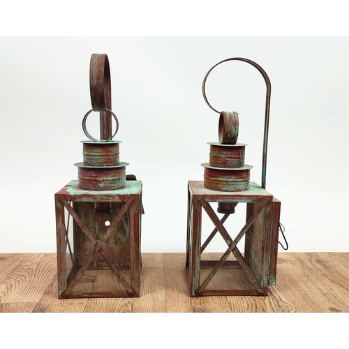 410 - LANTERN LIGHTS, 46cm high, 15cm wide, 17cm deep, a pair, brass with verdigris finish. (2)