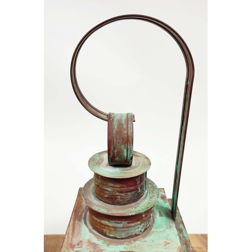 410 - LANTERN LIGHTS, 46cm high, 15cm wide, 17cm deep, a pair, brass with verdigris finish. (2)