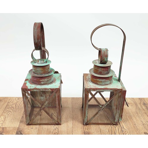 410 - LANTERN LIGHTS, 46cm high, 15cm wide, 17cm deep, a pair, brass with verdigris finish. (2)