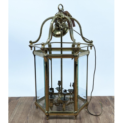 449 - HANGING LANTERN, Victorian style, hexagonal shaped, brass frame and bevelled glass panes, 80cm high,... 