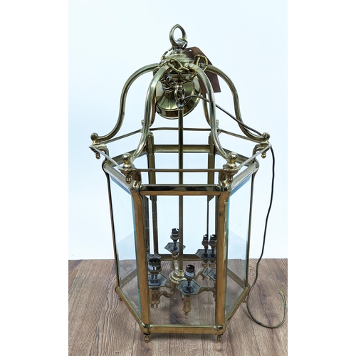 449 - HANGING LANTERN, Victorian style, hexagonal shaped, brass frame and bevelled glass panes, 80cm high,... 