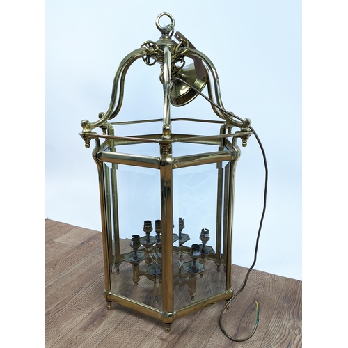 449 - HANGING LANTERN, Victorian style, hexagonal shaped, brass frame and bevelled glass panes, 80cm high,... 