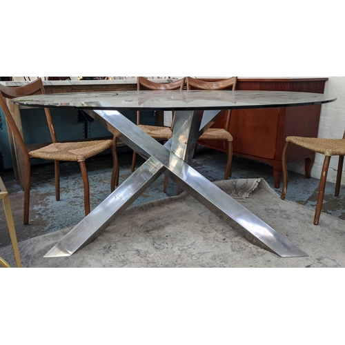 469 - DINING TABLE, glass top on polished metal base4 170cm diam x 77cm.