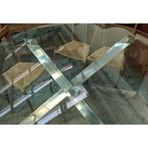 469 - DINING TABLE, glass top on polished metal base4 170cm diam x 77cm.