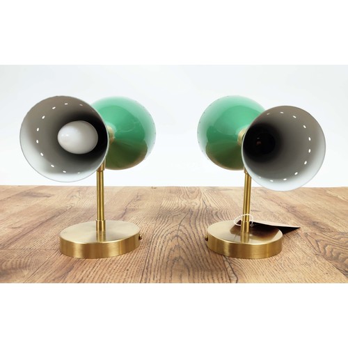 409 - WALL LIGHTS, a pair, in the manner of Stilnovo, green shades, 28cm high, 14cm wide, 22cm deep. (2)