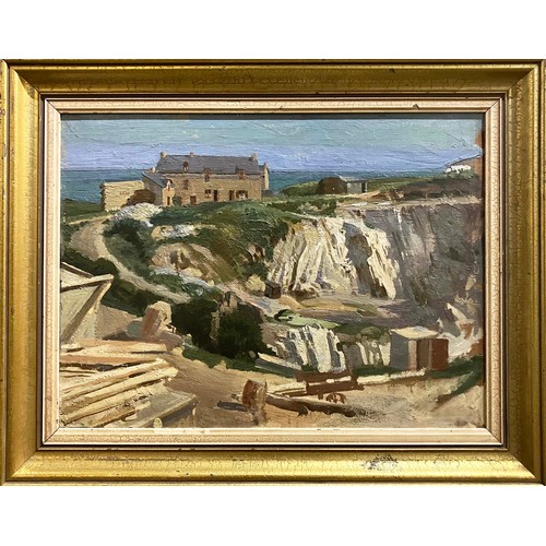 33 - MANNER OF ALETHEA GARSTIN, 'Landscape with farm buildings and sea beyond', Oil on Panel, 29cms x 40c... 